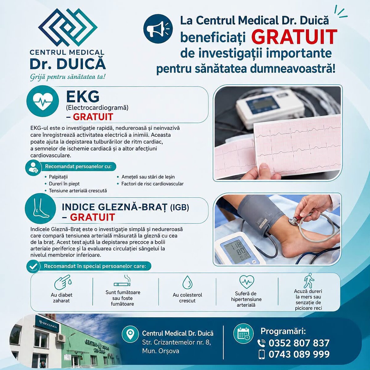 Afiș: la Centrul Medical Dr. Duică beneficiați gratuit de EKG și de indicele gleznă-braț